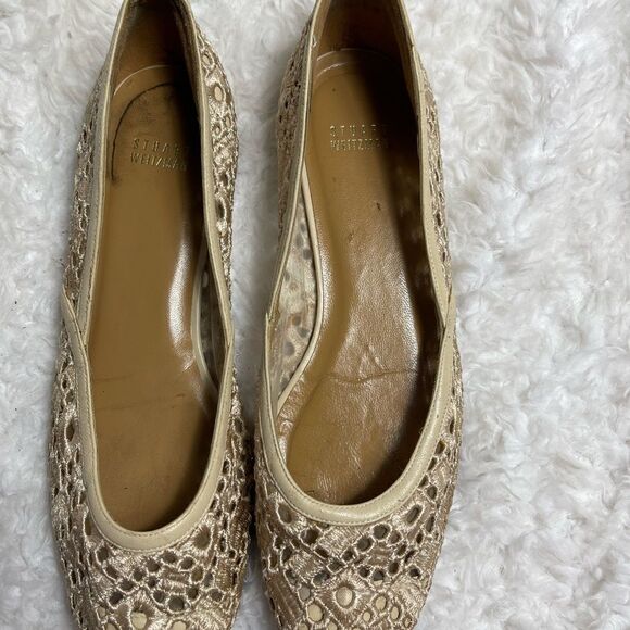 Stuart Weitzman Lace embroidery Beige slip on flats beige leather trim SZ10 - Picture 7 of 8